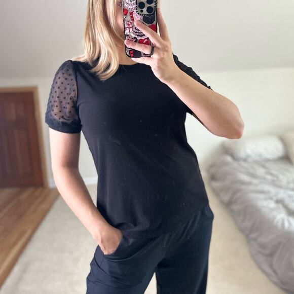 Cece: Black Mesh Bubble Sleeve Swiss Dot Blouse - Picture 1 of 5